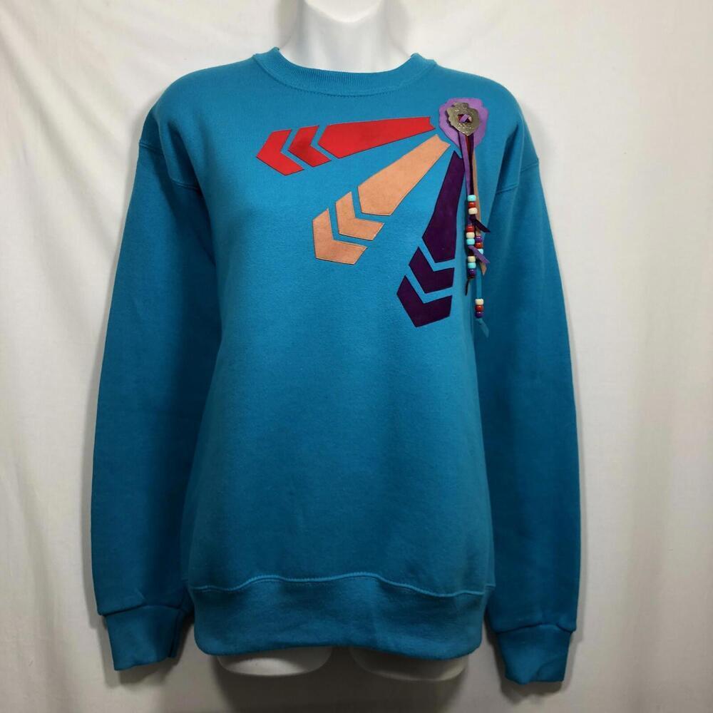 Native American Embellished Sweatshirt Women's Size M Beaded Blue Vtg Lee USA